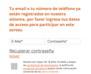 sorteopremios usuario ya existe